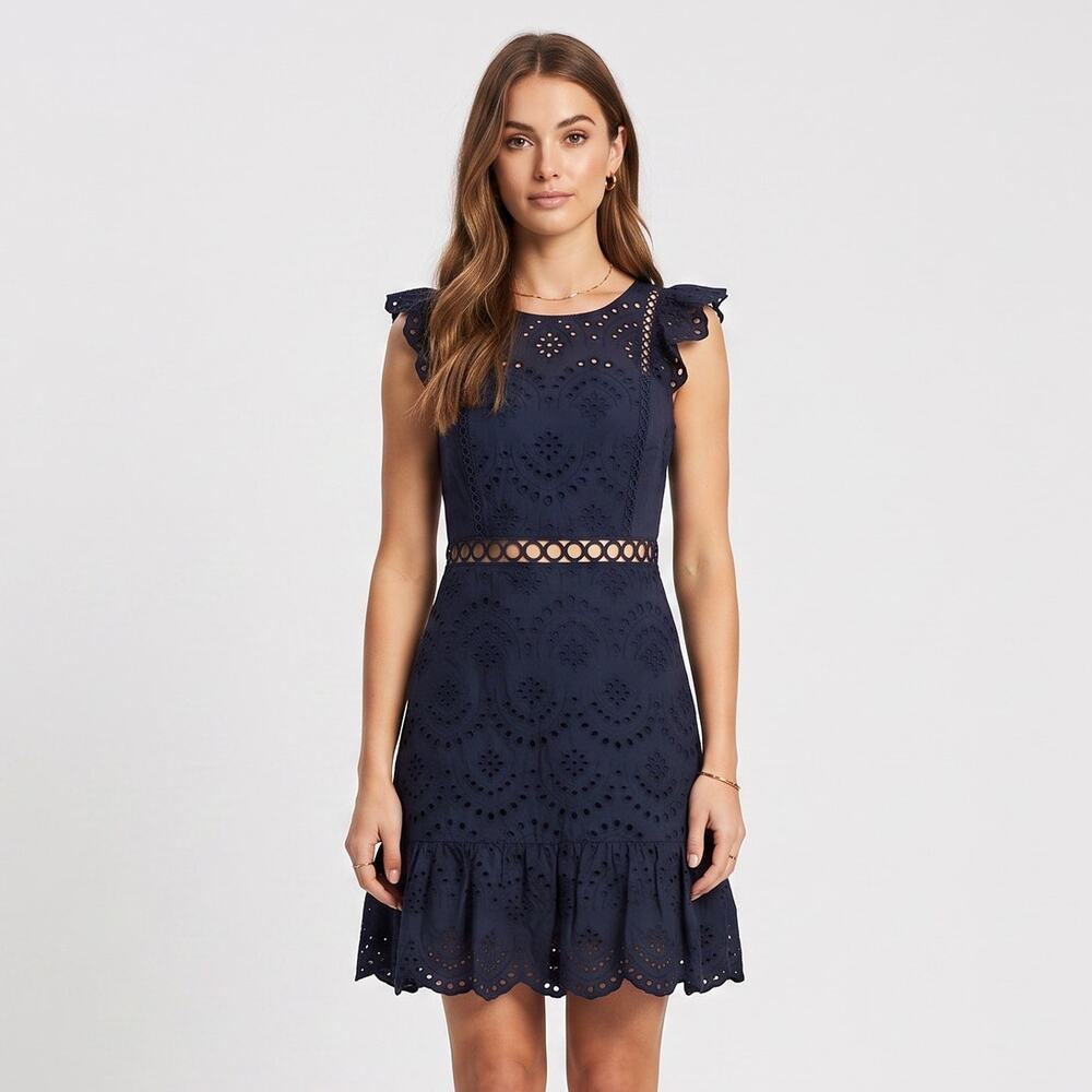 Sam Edelman Navy Blue Eyelet Lace A-Line Dress Flutter Sleeve Cutout Sz 10 NWT